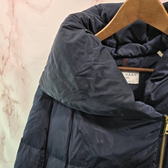Cole Haan Down Puffer Jacket Womens Medium Blue Parka Coat Hood Long Navy - Picture 2 of 11